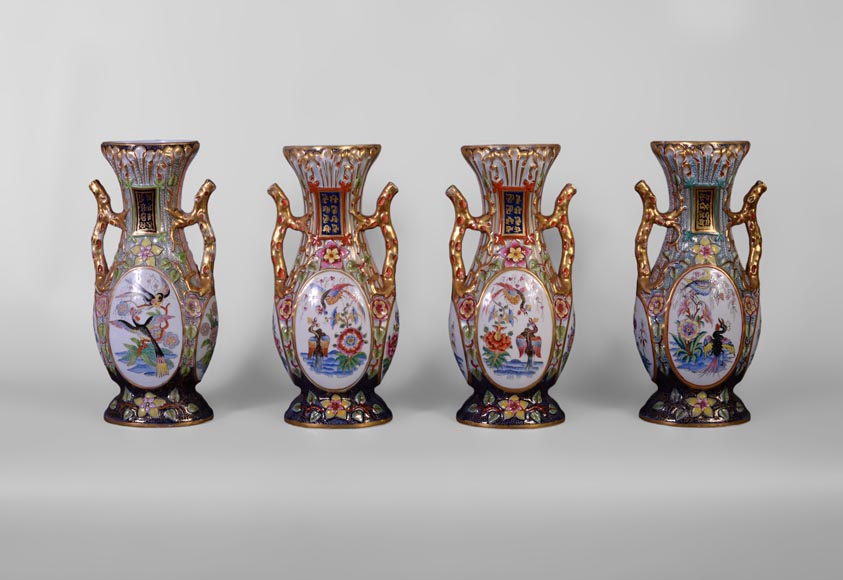 BAYEUX MANUFACTURE - Four vases with polychrome and gold decoration with Chinese-7