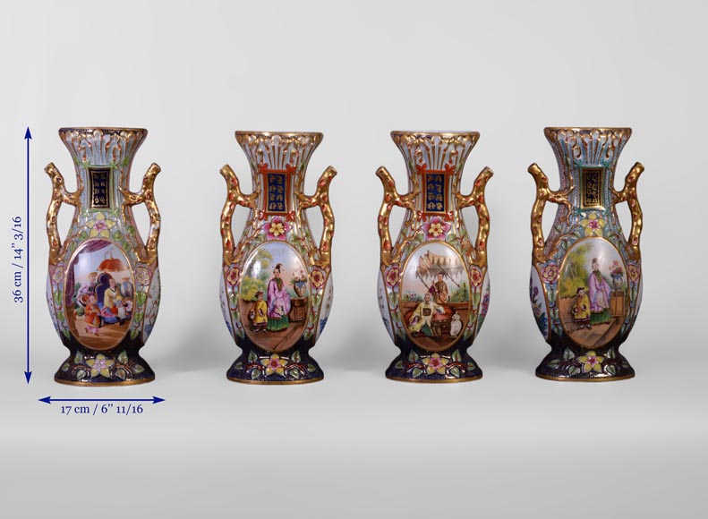 BAYEUX MANUFACTURE - Four vases with polychrome and gold decoration with Chinese-9