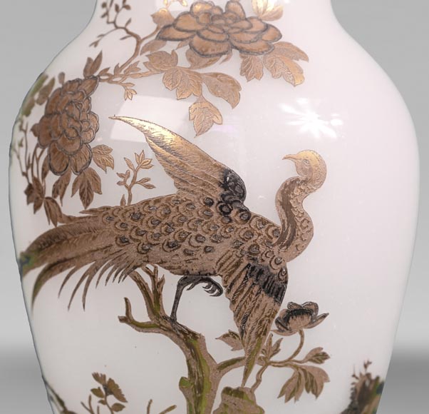 BACCARAT, pair of vases with peacock, rooster and wader, c. 1880-5