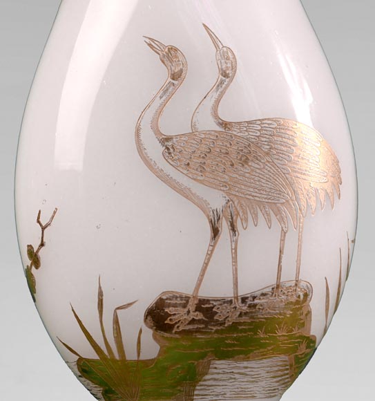 BACCARAT, pair of vases with peacock, rooster and wader, c. 1880-10