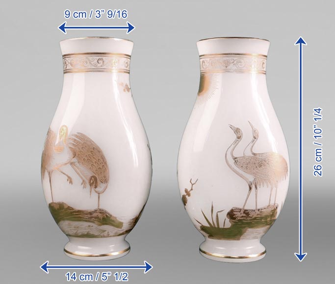 BACCARAT, pair of vases with peacock, rooster and wader, c. 1880-11