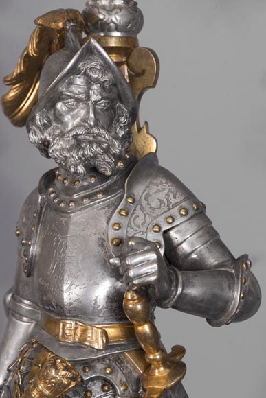 Bearded and armoured warrior clock set in silver and gilded bronze-8