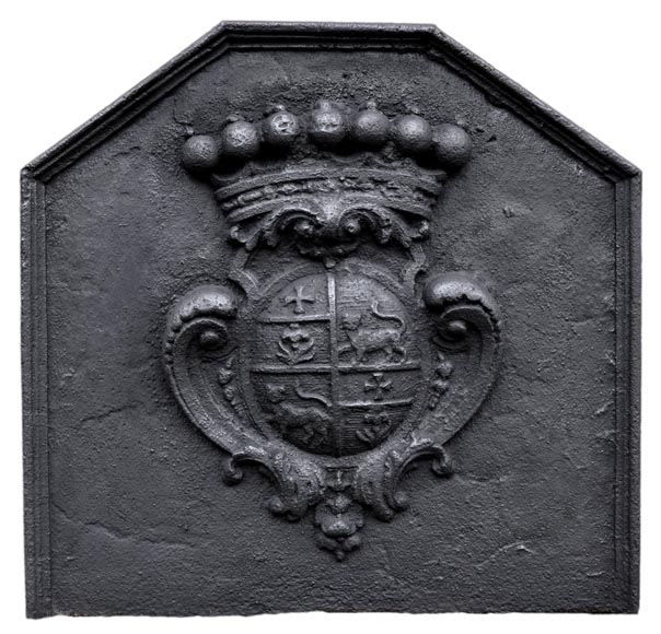 Antique cast iron fireback with the Joly family coat of arms, 18th century -0