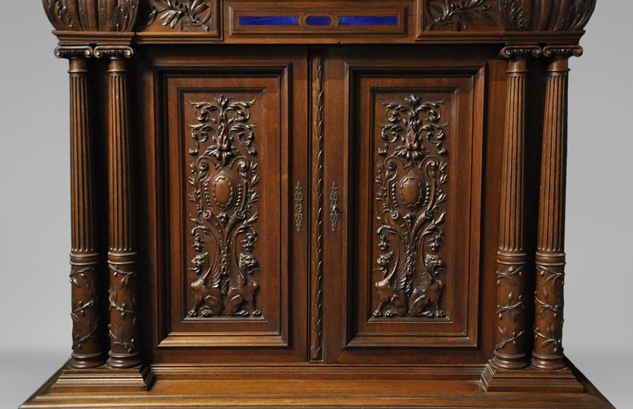 Two-body cabinet, in th Neo-Renaissance style, in carved walnut with enamel and lapis-lazuli inlays-3