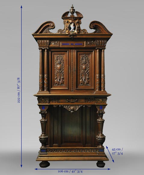 Two-body cabinet, in th Neo-Renaissance style, in carved walnut with enamel and lapis-lazuli inlays-7