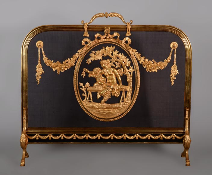 Beautiful antique gilded bronze Napoleon III style firescreen with female Satyr and her child-0