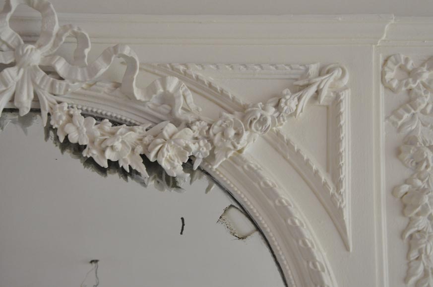 Antique Louis XVI style white overmantel pierglass with garlands of flowers and knot -3