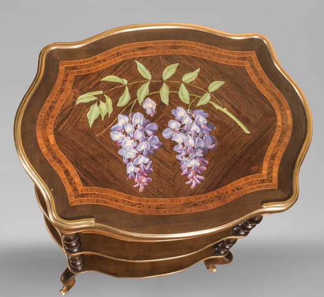 Julien-Nicolas RIVART (1802-1867) - Small bedside table decorated with wisteria in porcelain marquetry-0