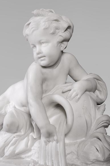 Allegory of a river in the form of a child, Statuary marble sculpture, base made of Vert de mer-1