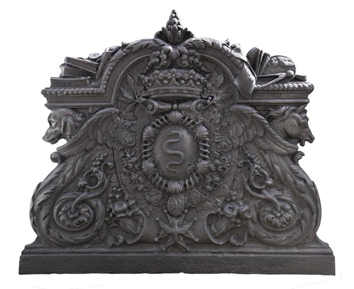 Exceptional antique cast iron fireback with the coat of arms of Jean-Baptiste Colbert, marquis of Seignelay