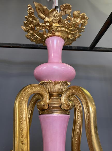 Pair of gilt bronze and blue and pink porcelain chandeliers dating from the Napoleon III reign-2