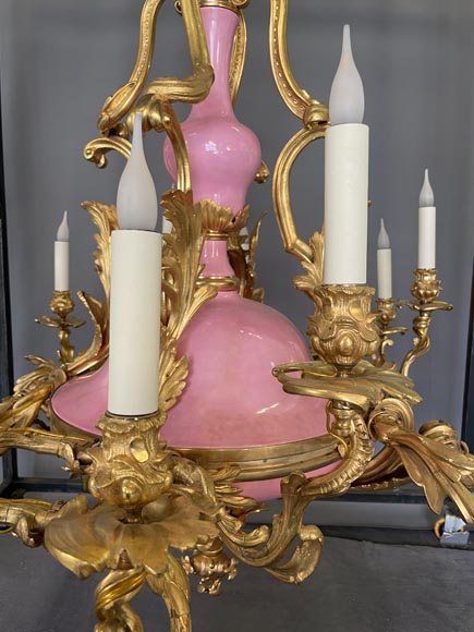 Pair of gilt bronze and blue and pink porcelain chandeliers dating from the Napoleon III reign-4