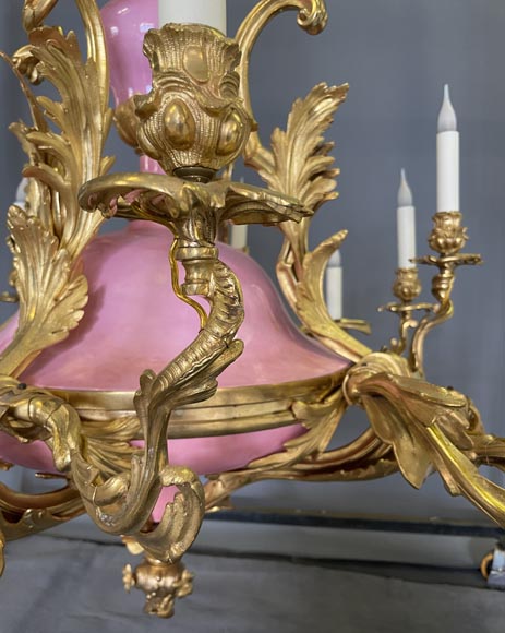 Pair of gilt bronze and blue and pink porcelain chandeliers dating from the Napoleon III reign-5