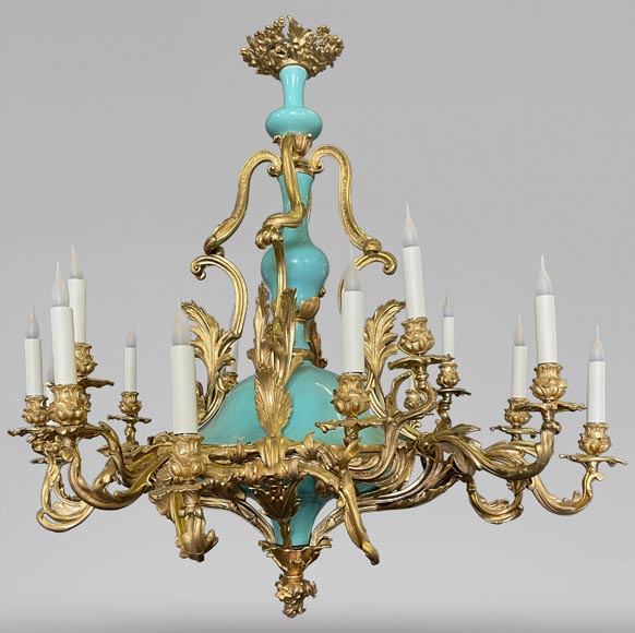 Pair of gilt bronze and blue and pink porcelain chandeliers dating from the Napoleon III reign-7