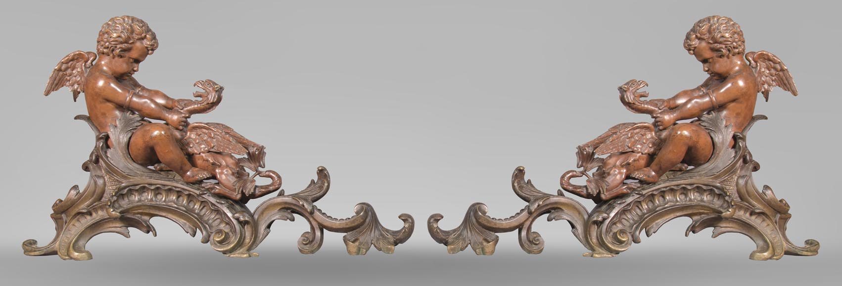 Pair of chenets, with putti and chimeras, made out of two patinas bronze-0