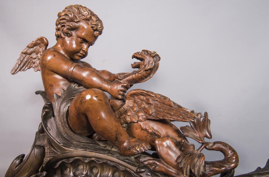 Pair of chenets, with putti and chimeras, made out of two patinas bronze-2
