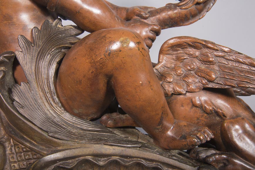 Pair of chenets, with putti and chimeras, made out of two patinas bronze-5