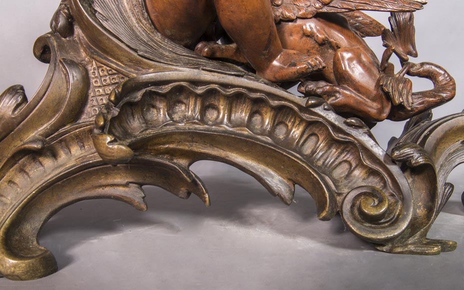 Pair of chenets, with putti and chimeras, made out of two patinas bronze-9
