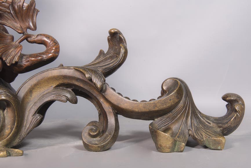 Pair of chenets, with putti and chimeras, made out of two patinas bronze-10