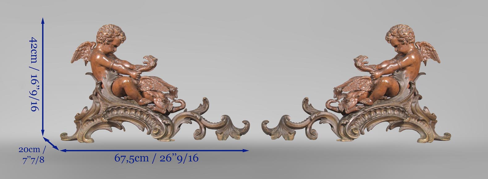 Pair of chenets, with putti and chimeras, made out of two patinas bronze-12