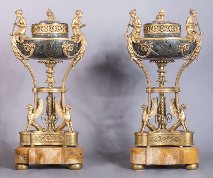 Pair of cassolettes with blowers and griffins, in Napoleon III style, in Vert de Mer, Jaune de Sienne marble and gilded bronze.-0