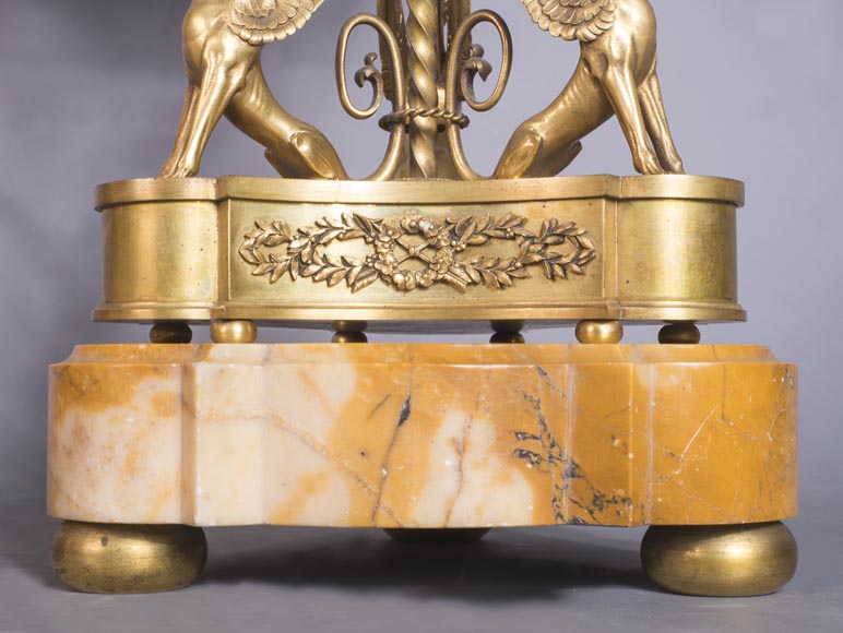 Pair of cassolettes with blowers and griffins, in Napoleon III style, in Vert de Mer, Jaune de Sienne marble and gilded bronze.-8