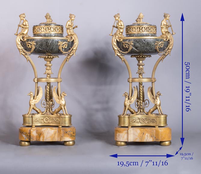 Pair of cassolettes with blowers and griffins, in Napoleon III style, in Vert de Mer, Jaune de Sienne marble and gilded bronze.-10