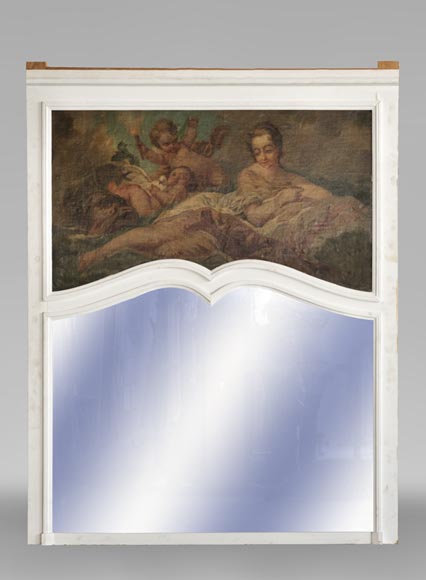 Beautiful antique Louis XV style overmantel mirror with an oil on canvas representing a woman and putti-0