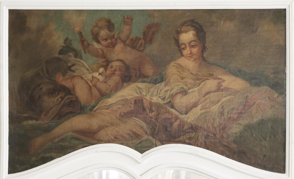 Beautiful antique Louis XV style overmantel mirror with an oil on canvas representing a woman and putti-1