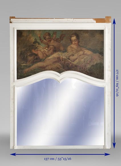 Beautiful antique Louis XV style overmantel mirror with an oil on canvas representing a woman and putti-6