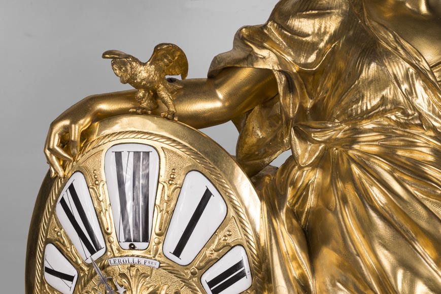 Gilded bronze clock, signed LEROLLE Frères Paris, showing Minerva presenting her shield-6