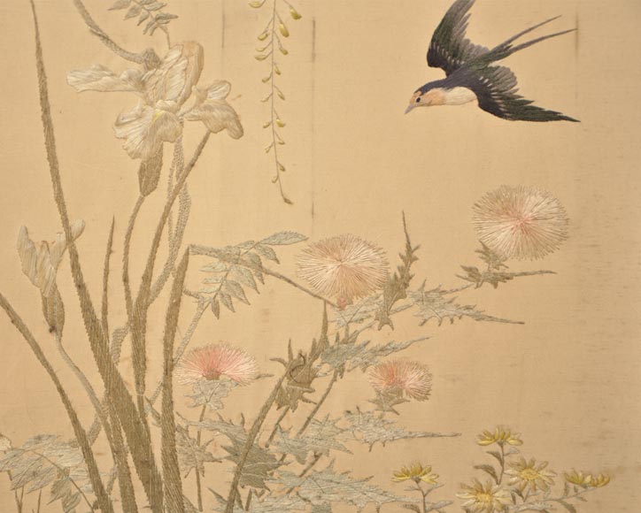 Maison des Bambous Alfred PERRET et Ernest VIBERT (attributed to) - Japanese style embroidered silk screen-7