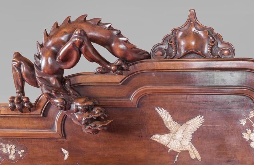 Antique bed of Far Eastern inspiration with engraved and inlaid bone decoration-2