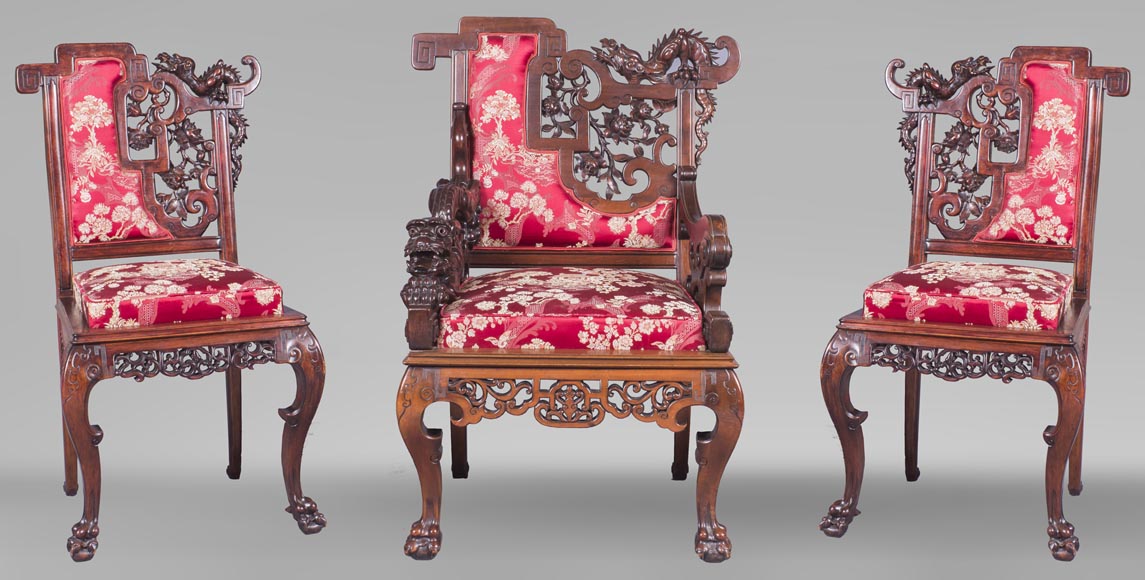 Cyrille RUFFIER DES AIMES (1844-1916) - Set of two chairs and an armchair inspired by the Far East-0