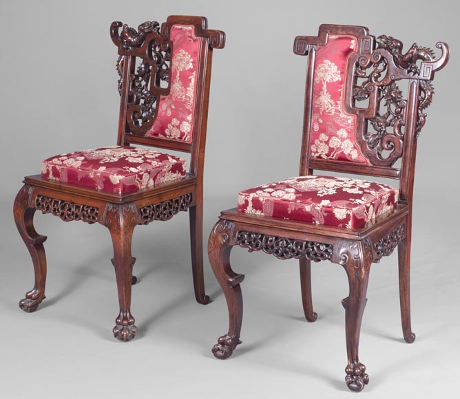 Cyrille RUFFIER DES AIMES (1844-1916) - Set of two chairs and an armchair inspired by the Far East-16