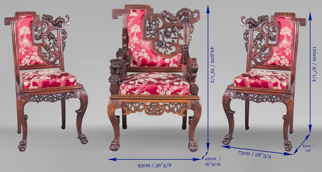 Cyrille RUFFIER DES AIMES (1844-1916) - Set of two chairs and an armchair inspired by the Far East-29