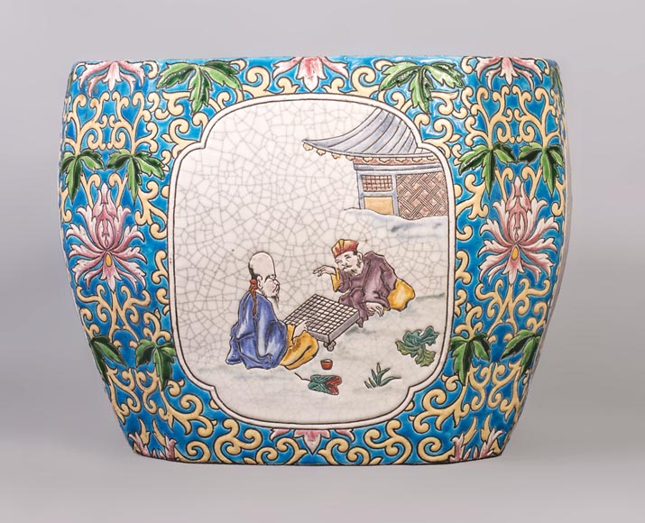 Japanese style cachepot in glazed earthenware with medallion decoration  of animated life scenes-0
