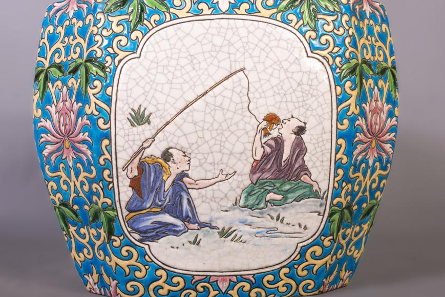 Japanese style cachepot in glazed earthenware with medallion decoration  of animated life scenes-5