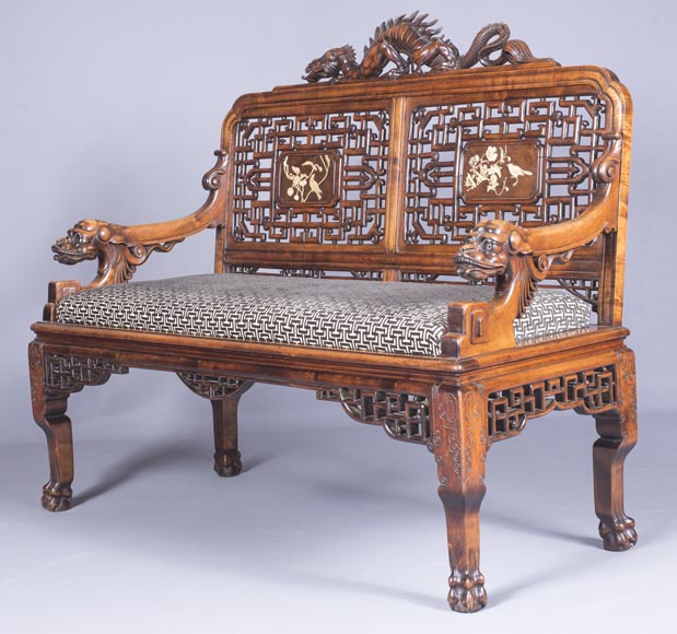 Maison des Bambous Alfred PERRET et Ernest VIBERT (attributed to) - Beautiful japanese style living room furniture set with dragons and openwork backs of seat-1
