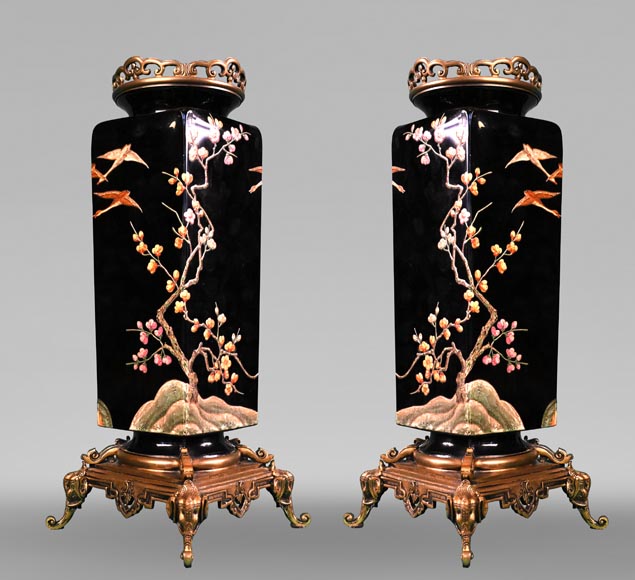 BACCARAT, Pair of vases with Japanese decoration of flowering trees and birds, circa 1880-1