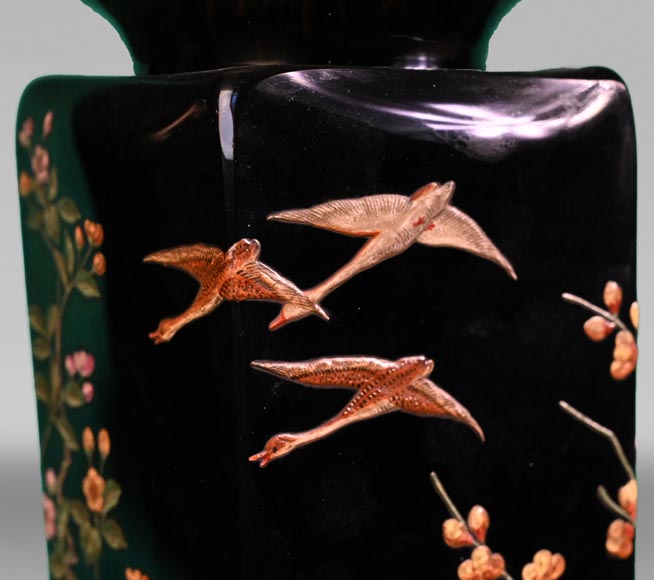 BACCARAT, Pair of vases with Japanese decoration of flowering trees and birds, circa 1880-3