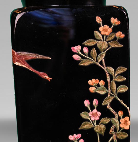 BACCARAT, Pair of vases with Japanese decoration of flowering trees and birds, circa 1880-4