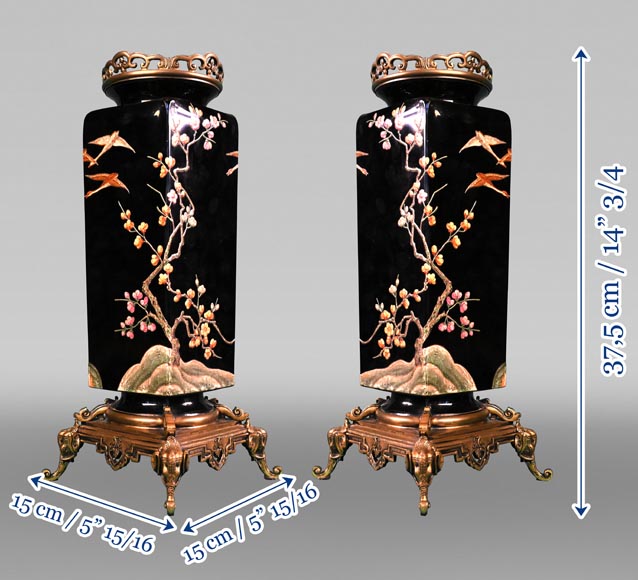 BACCARAT, Pair of vases with Japanese decoration of flowering trees and birds, circa 1880-8