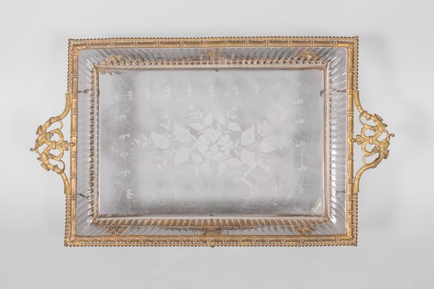 Japanese style crystal engraved vide-poche and gilded bronze frame with elephant heads-4