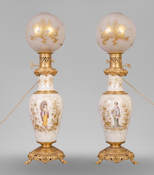 A pair of ceramic lamps with Japanese women decor-0