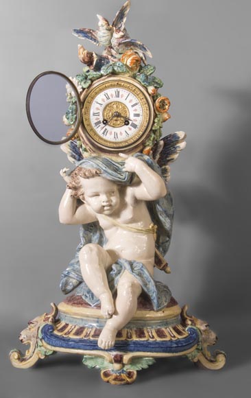 Polychrome earthenware pendulum, Cupid supporting the dial-1
