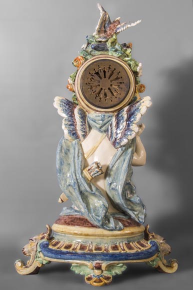 Polychrome earthenware pendulum, Cupid supporting the dial-8