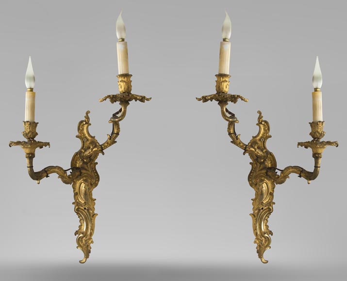 Pair of Louis XV gilded bronze wall lights-0