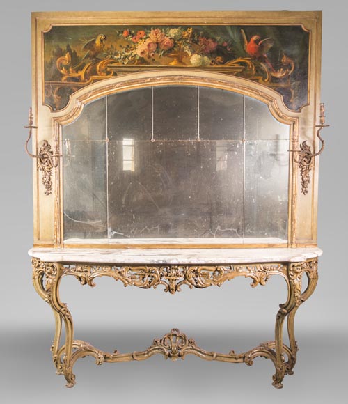 An antique console and its mirror, in Louis XV style, with parrots-0