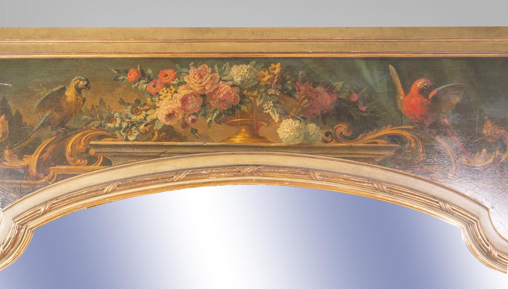 An antique console and its mirror, in Louis XV style, with parrots-1